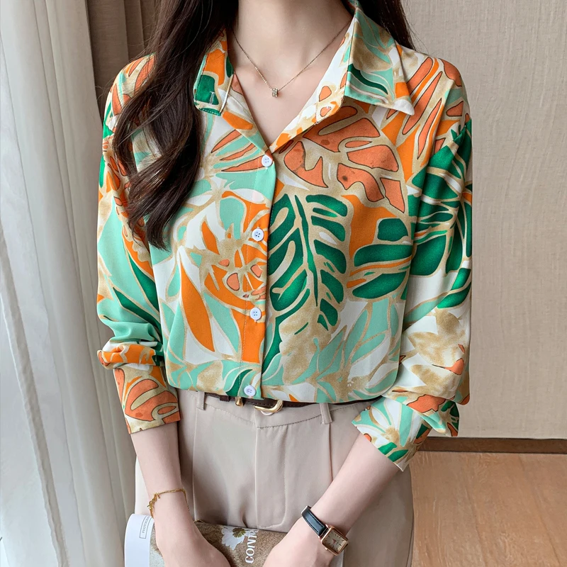 Women Spring Korean Fashion Loose Printing Chiffon Notched Long Sleeve Shirts Women Clothes Casual Simplicity All-match Tops