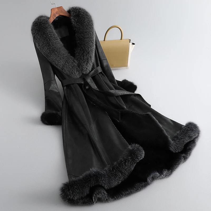 

Women Lady Real Rabbit Fur&Leather Warm Long Jacket Fox Fur Collar Winter Luxury Coat Overcoat Parka JT3301