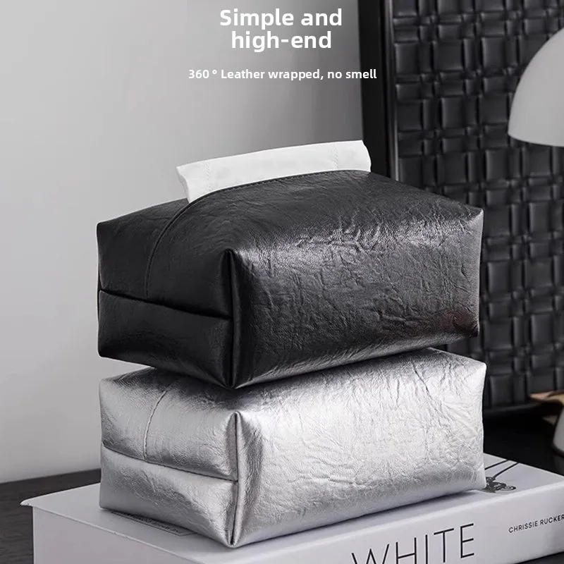 

Waxed Leather Black-silver Creative Tissue Box, High-end and Luxurious for Living Room, Home Use, Bedroom Tabletop Tissue Box