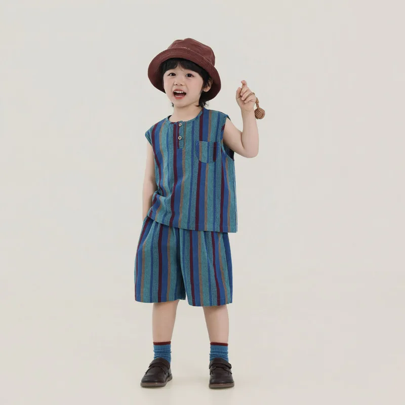 26 Spring Summer Cotton Boy 2piece Set Outfit New Daily Stripe Colorful Vest Shorts Top Pants Children Kid Toddler 3-12 Years