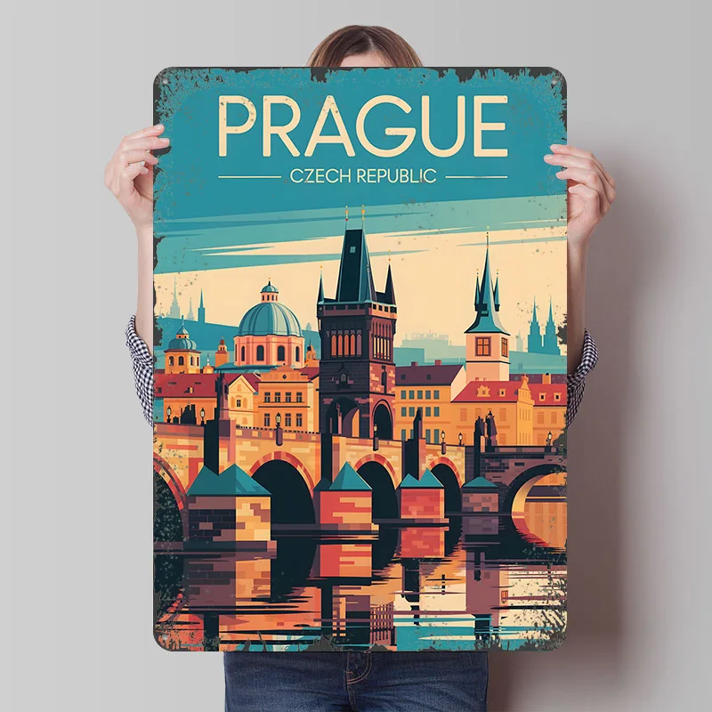 Prague Czech Republic Travel Poster Customized Wall Art Vintage Metal Signs Retro Tin Plaque for Man Cave House Decor Wand Deko