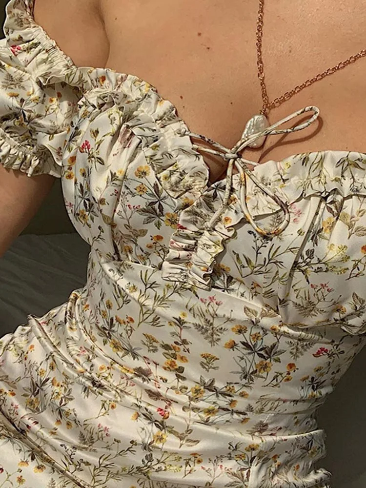 Summer Floral Off Shoulder Puff Sleeve Maxi Dress For Woman Robe Sexy Lace Up Side Split Chic Mid-Calf Aesthetic Dress