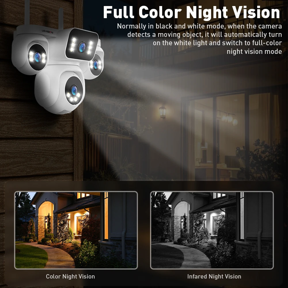 LS VISION 20MP واي فاي كاميرا الأمن في الهواء الطلق مع 4 شاشات 16X التكبير رباعية عدسة PTZ تتبع السيارات مقاوم للماء للرؤية الليلية CCTV