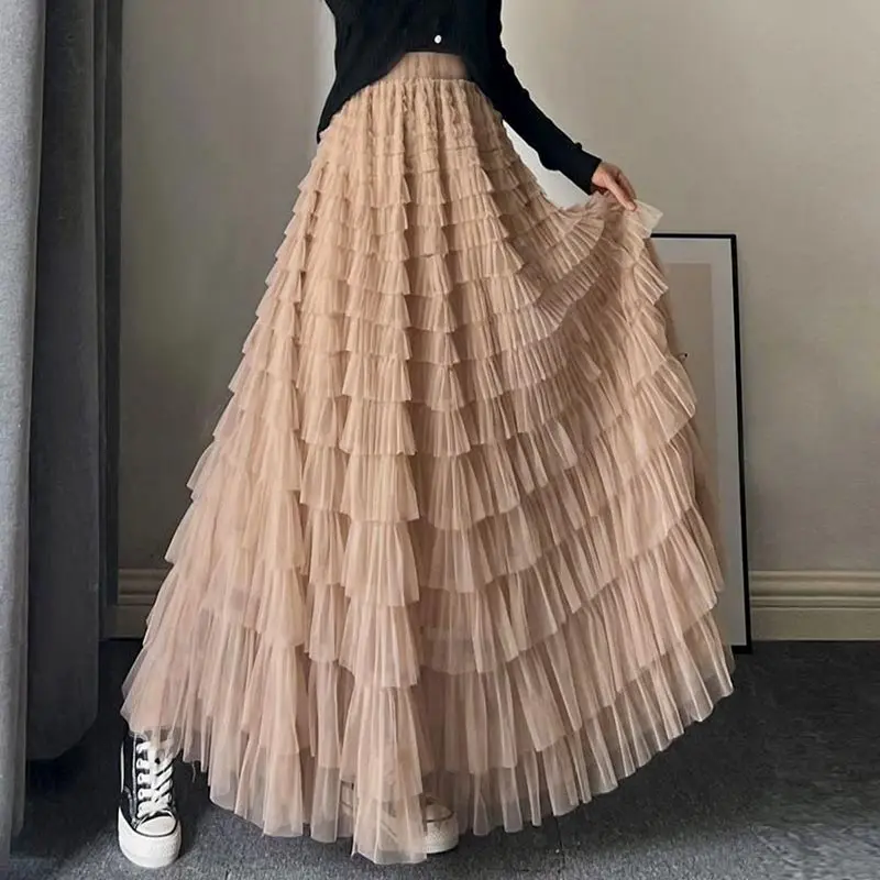 Women Pleated Tutu Long Skirts Ruffles Design Elegant Mesh Tulle Loose Skirts Solid Mesh Patchwork Gauze Streetwear Party Skirt