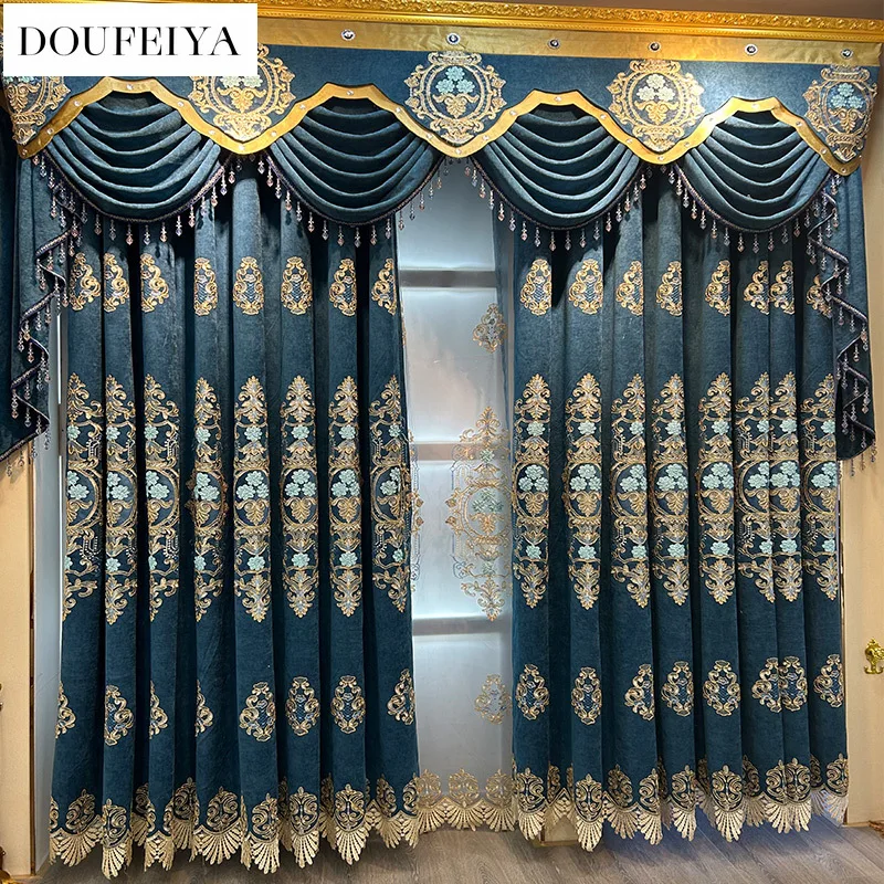 

European Blue Embroidered Valance Chenille Luxury Curtains for Living Room Bedroom Dining Blackout Tulle Window Custom Size