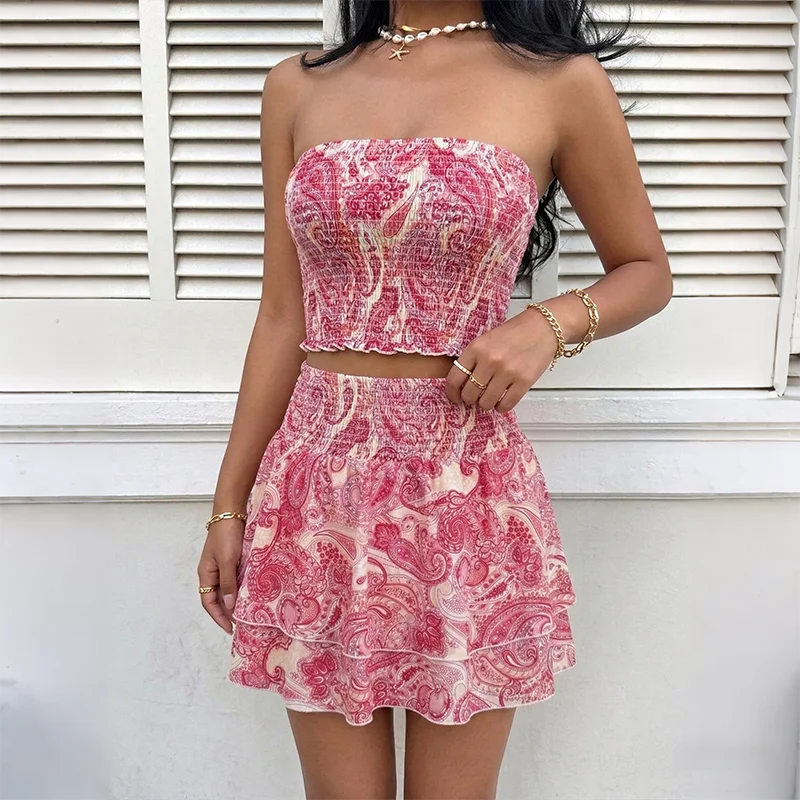 

2026 Summer New Style Sleeveless Blouse with Print Embroidery Strapless Dress Set - Sweet Beach Resort Two-Piece Women's Set