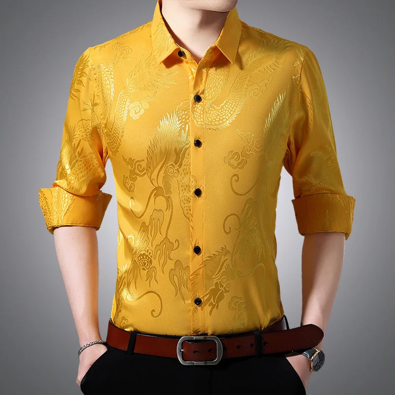 Men's Red Long-sleeve Printed Shirt with A Lapel Featuring A Chinese Dragon Design. White, Blue, Yellow, Brown, and Gray.