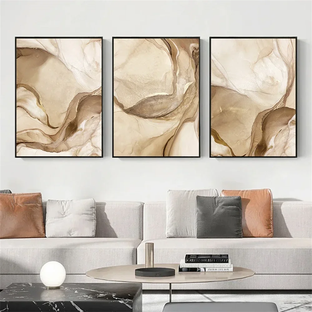 

Abstract Wall Art Canvas Painting Marble Beige Brown Gold Posters And Prints Pictures Modern Living Room Interior Home Decor