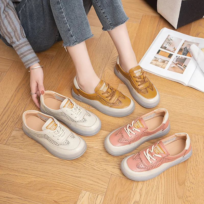 

Newest 2025 genuine leather cut-outs flats woman summer breathable sneakers ladies comfort soft bottom moccasins