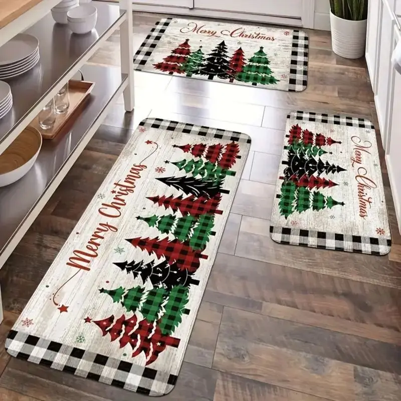 VIKAMA Farmhouse Christmas Kitchen Rug Set Vintage Wood Grain Plaid Tree Anti Slip Floor Mat For Kitchen Area Xmas Home Decor