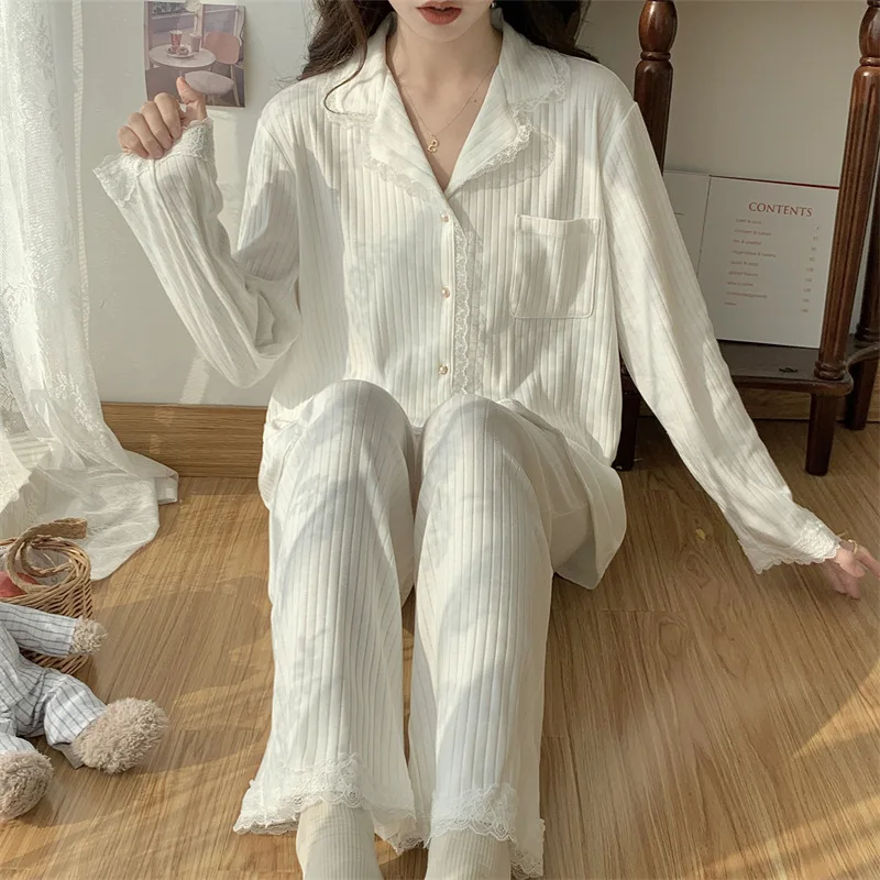 High Quality Korean White Pajamas For Women Sweet Lace Cotton Sleepwear Set Long Sleeve Autumn Winter Home Wear Pijamas Suit