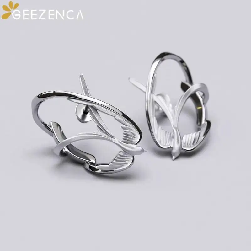GEEZENCA 925 Sterling Silver 3D Swallow Bird Stud Earrings For Women Unique Trendy Dainty Ear Cuff Statement Earring Luxury Gift