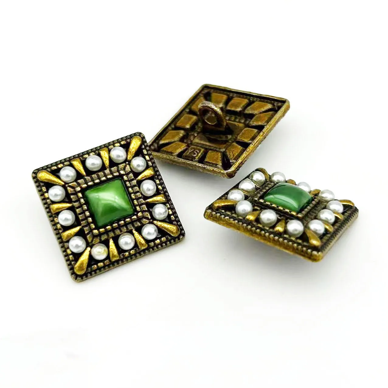 6PCS/Lot Luxury Vintage Pearl Embellished Button DIY Shanked Square Antique Gold Green Hand Stitched Clothing Decorative Button