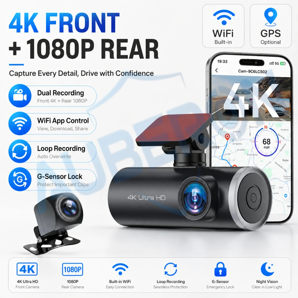 Dash Cam 4K Front Rear 1080P Dual Car DVR WiFi App GPS Optional 170 Wide Angle Night Vision G-Sensor Loop Recording Parking Mode