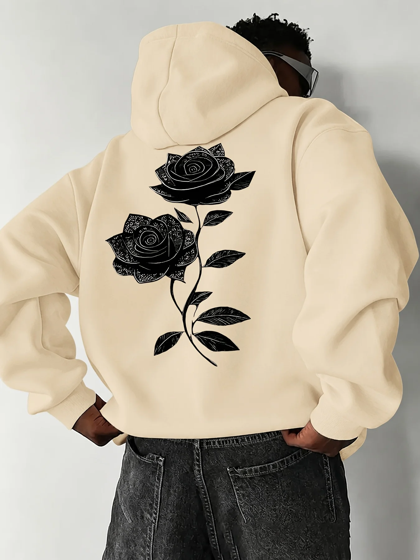 Retro black rose print men's hooded sweatshirt - Dark Gothic street sporty casual trend - Soft, loose, comfortable hooded shirt
