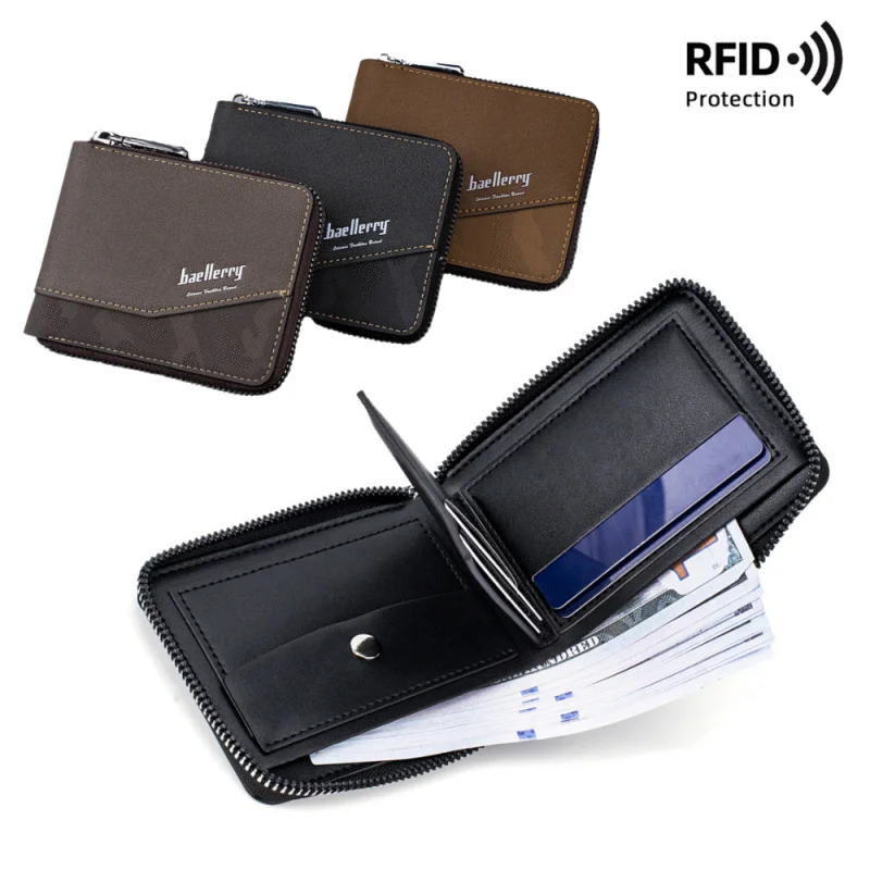 

RFID Color-Blocking Anti-Magnetic Zipper Multi-Functional Ticket Holder, New Men's Short Wallet, Multi-Slot Card Holder Bag