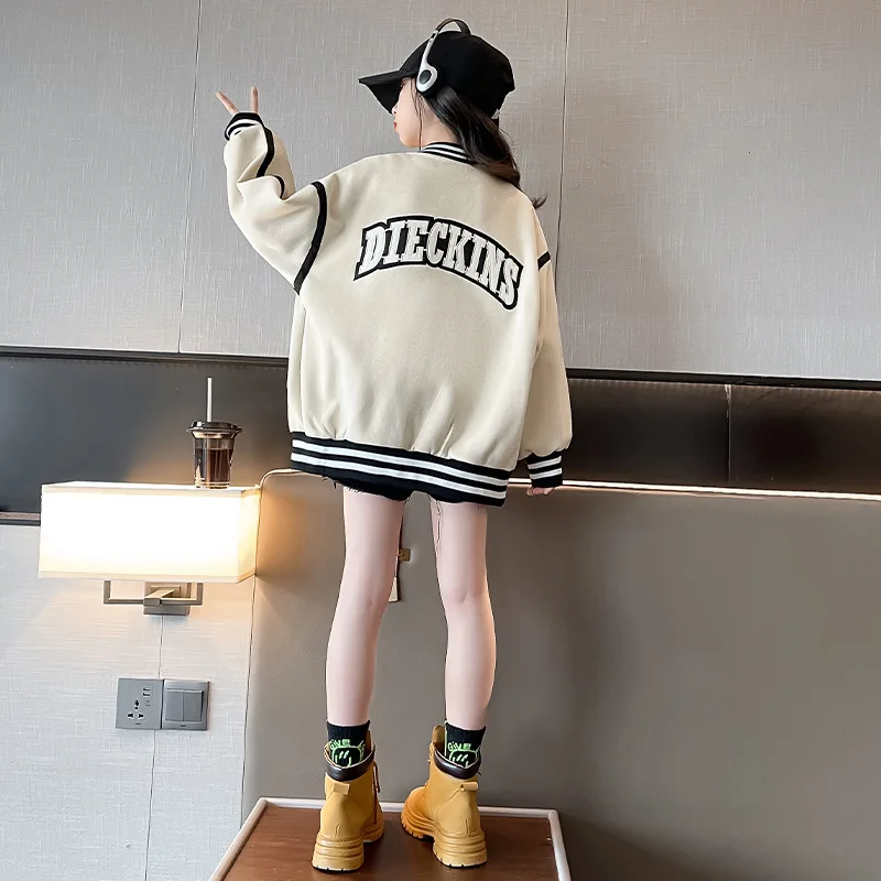 Girls Cotton Alphabet Patchwork Single-breasted Loose Sweat Varsity Jackets School Kids Track Coats Child Outfit Tops 3-16 Years