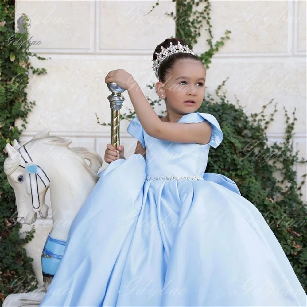 Vestidos de niña de flores de satén de manga corta azul cielo, fiesta de boda, baile de cumpleaños para niños, usados para concursos de belleza