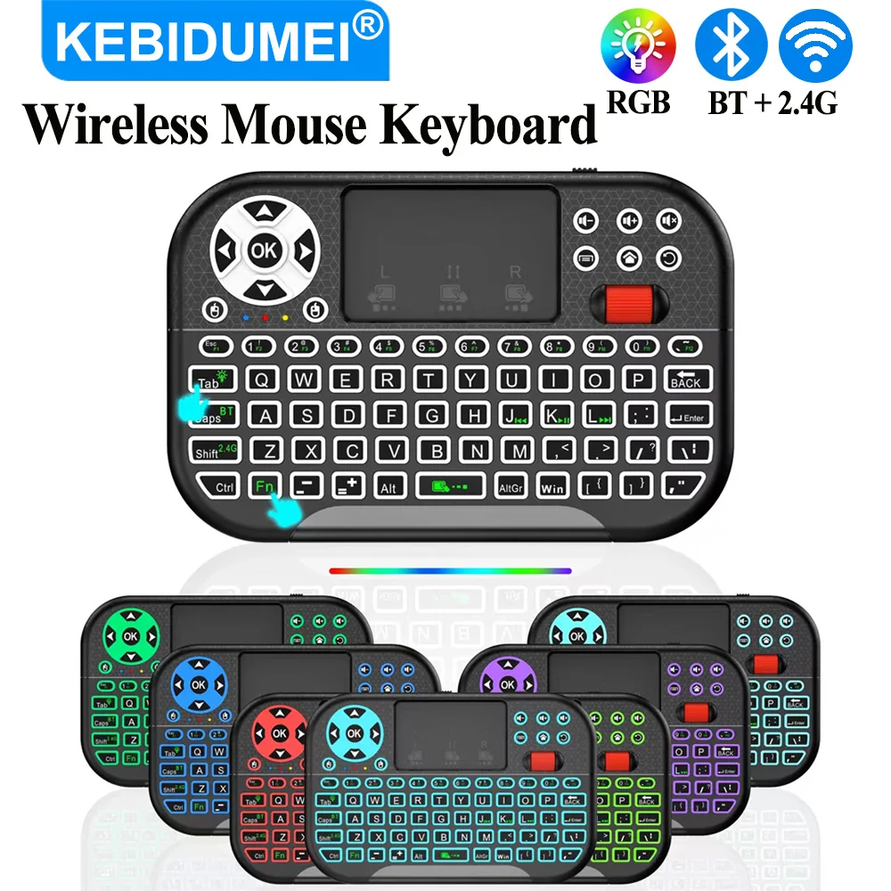 KEBIDUMEI 2.4G Wireless Bluetooth Keyboard Dual Mode Mini Keyboard RGB Backlit Touchpad Mouse Portable Handheld Keypad For TV PC