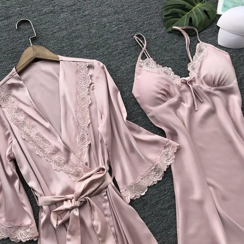 2 Pcs/Set Women Pajama Set Patchwork Bow Decor Lace Trim Nightgown Solid Color Silky Long Sleeve Sleeveless Split Nightdress Set