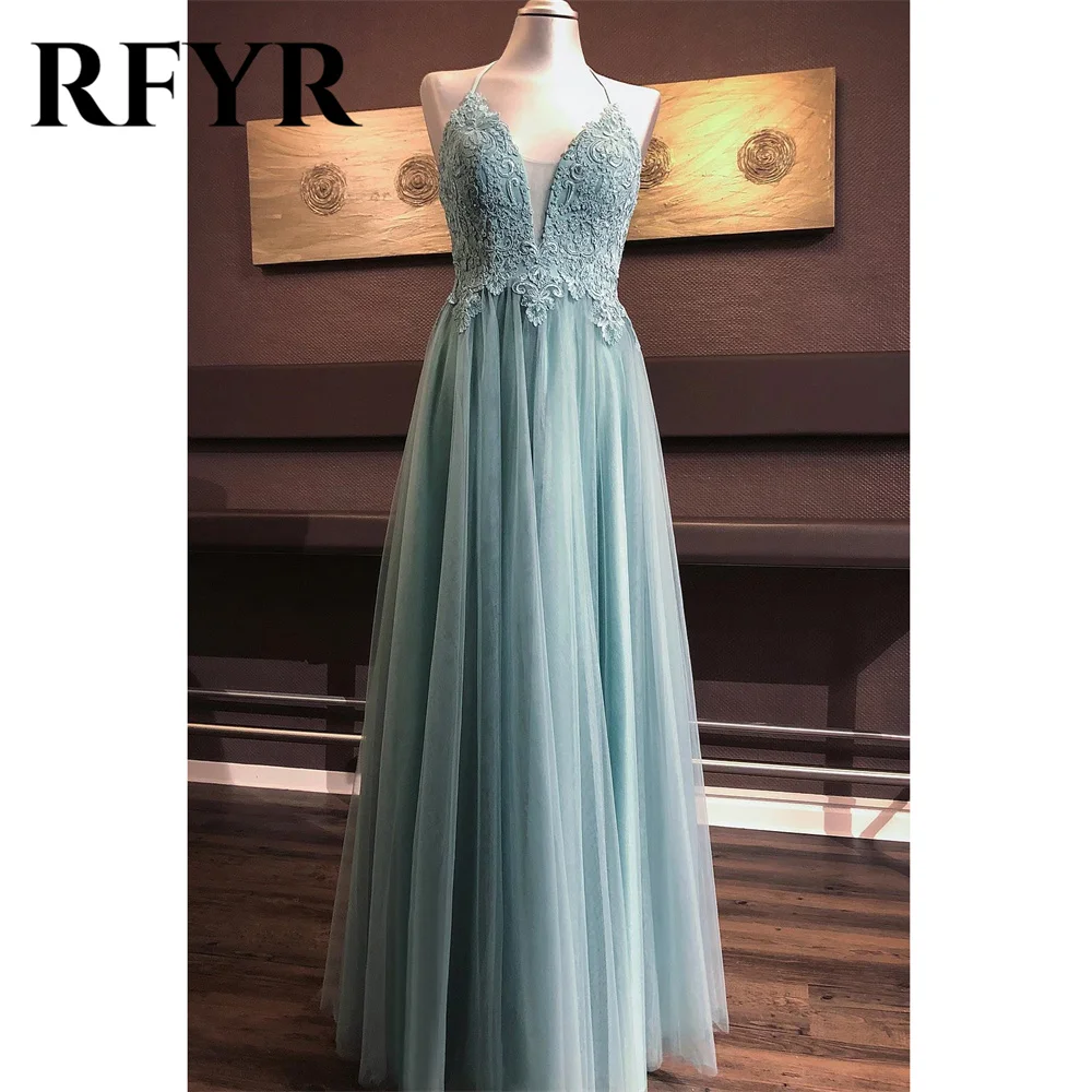 

RFYR Dusty Green Prom Dress Deep V-Neck Beach Evening Dress Cross Backless Tulle Vestidos De Noche With Appliques Party Dress