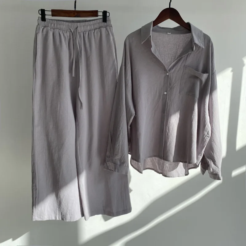 Women's 2 Piece Set Retro Oversize Cotton And Linen Shirt Plus High Waist Slacks Suit Female Fashion Outfits Sweatshirt Set