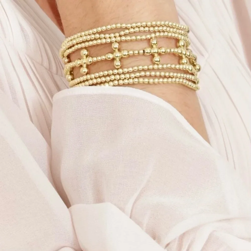 Vlen 18 K Gold Plated Cross Christian Bracelet for Women Hypoallergenic Beads Religious Bracelets Femme Jewelry Stretch Pulseras