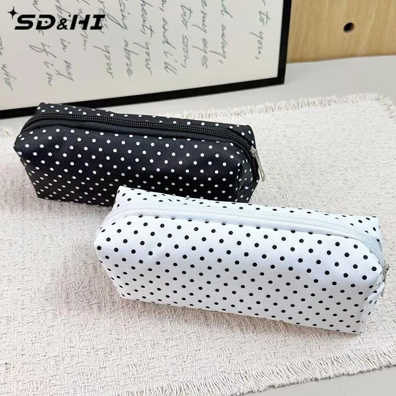 Polka Dot Pencil Case Set Large Capacity Canvas Zipper Pen Pouch For Students School Office Travel Makeup Storage