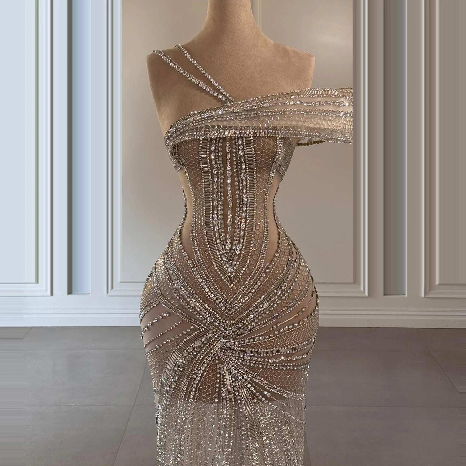 

2025 Custom Luxury Off-Shoulder Silver Nude Beaded Mermaid Gown Saudi Handmade Evening Dress for Formal Occasions