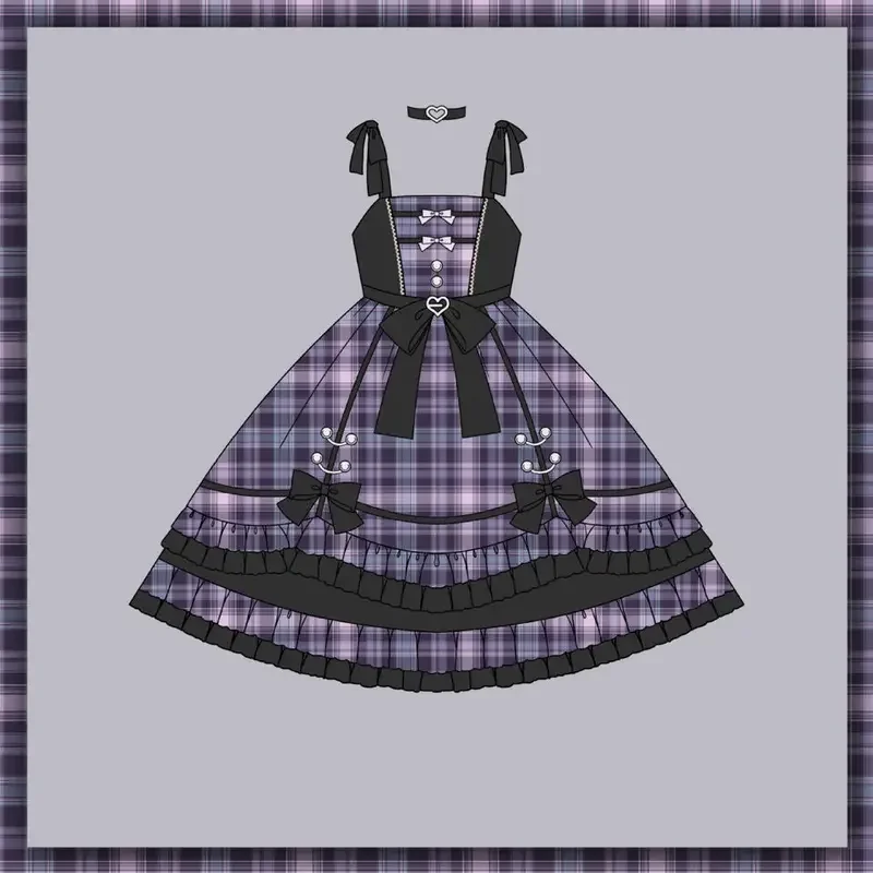 [Star Charm]Summer Purple Checker Singing Gown Lolita Daily Sweet Lolita Dress JSK Cool Girl Gothic Vestido Manga Larga