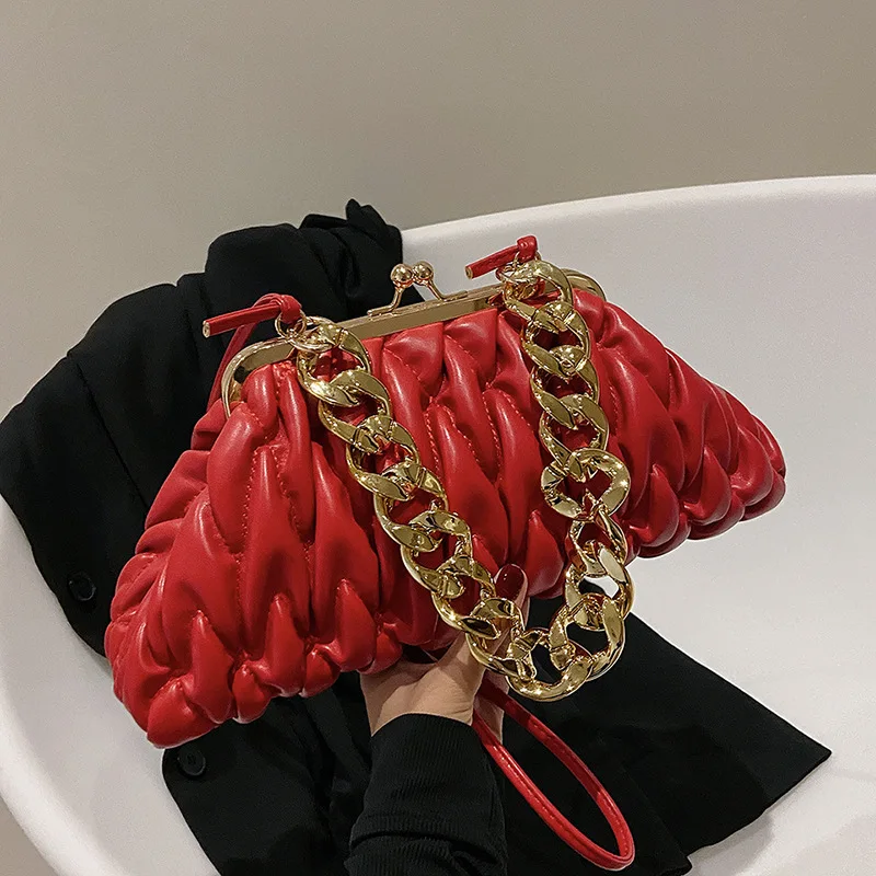 Pleated Lingge Fashion Shell Bag Women\'s Versatile Chain Handbag Casual One Shoulder Crossbody Chain Accessories Women\'s Bag