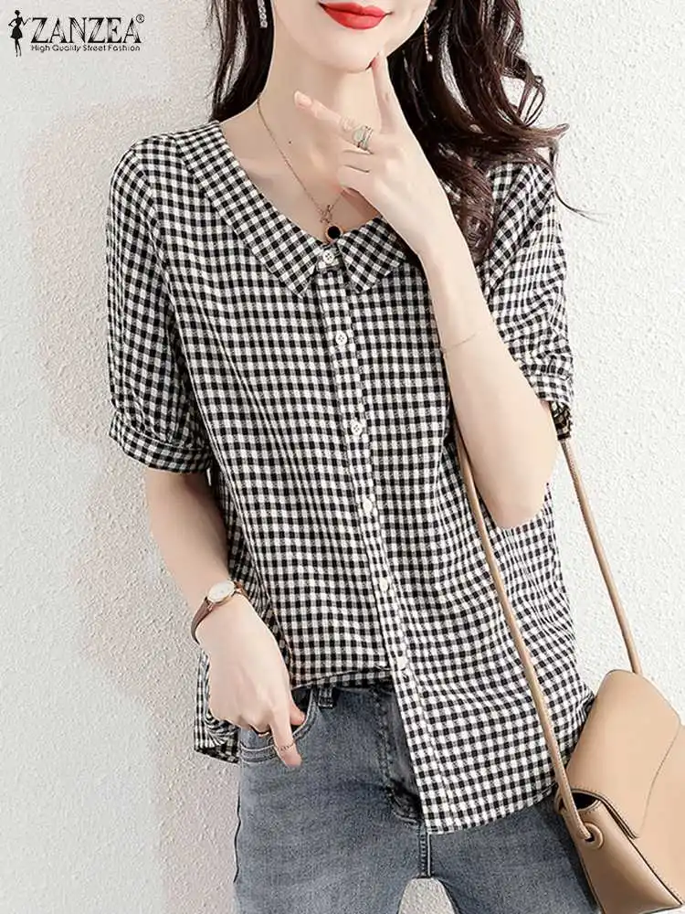 

Women Plaid Shirt 2024 Summer Short Sleeve Blusas ZANZEA Sweety Doll Collar Blouse Korean Fashion Buttons Loose Tops Oversized