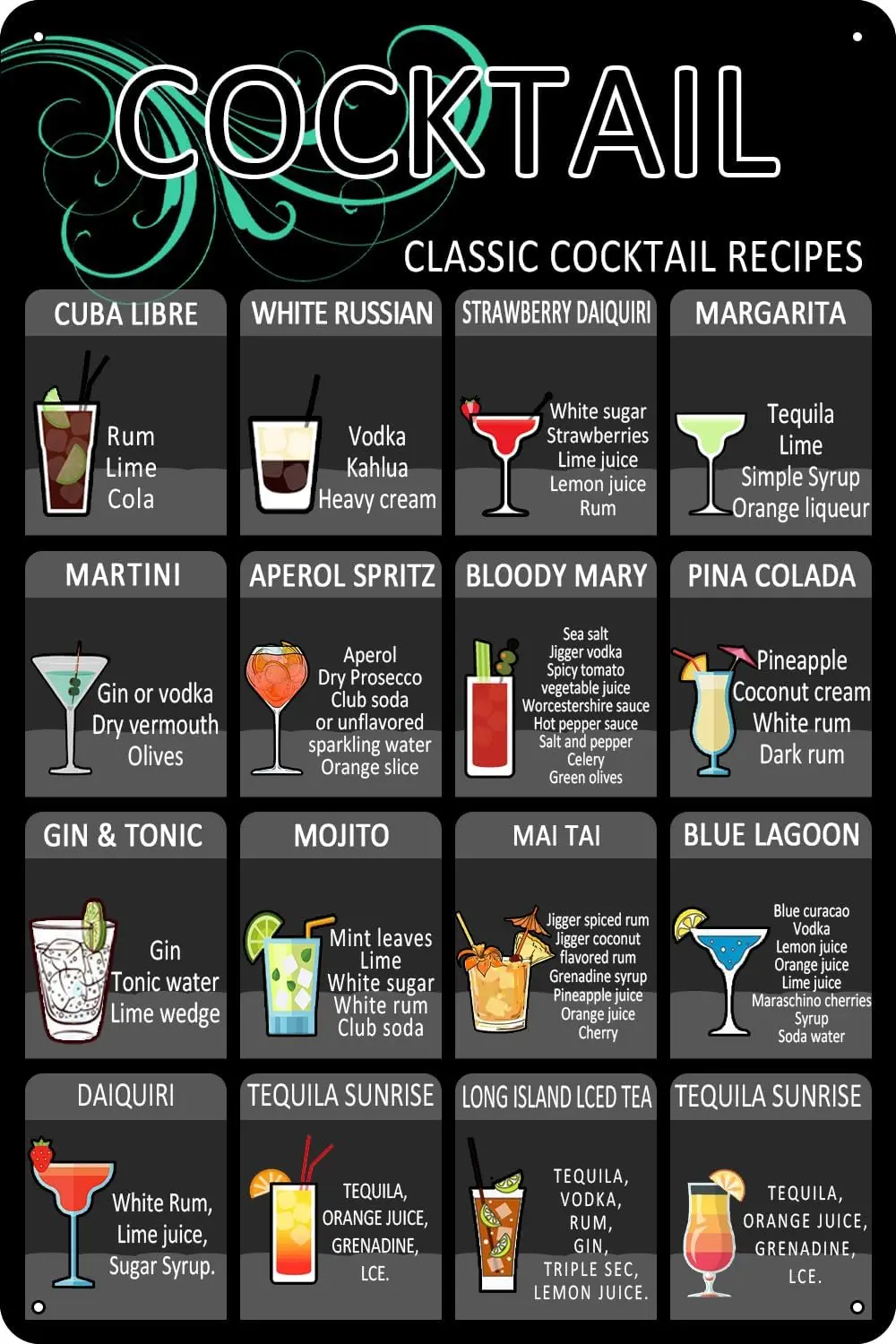 Cocktail Mixology Recipe Metal Tin Signs Drink Alcoholic Art Bar Pub Themed Kitchen Restaurant Home Wall Decor 8 × 12 Inch (Cock