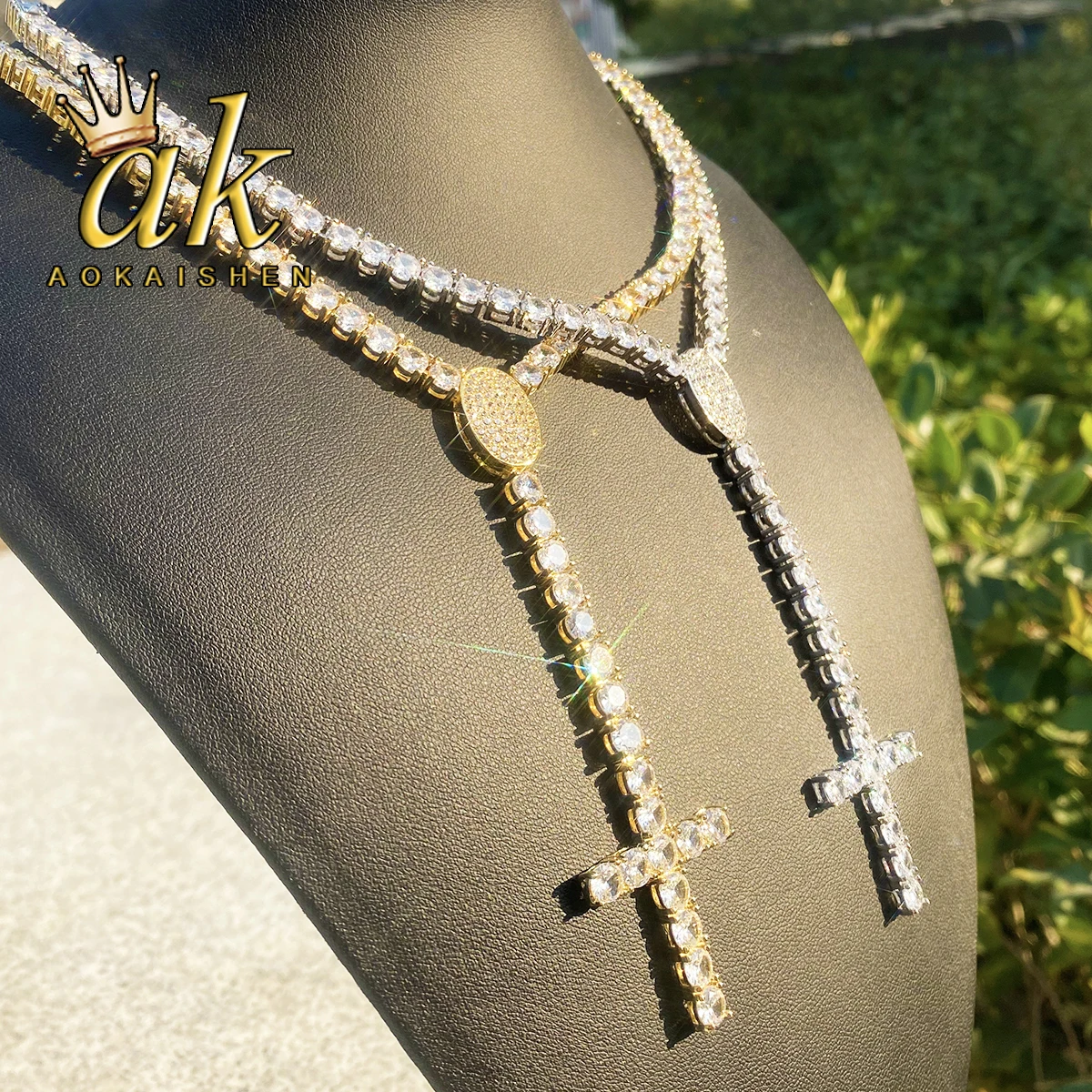 Aokaishen Tennis chain Necklace Choker Cross Drip for Men 5A Prong Setting Cubic Zirconia Copper Gold Plated Hip Hop Jewelry