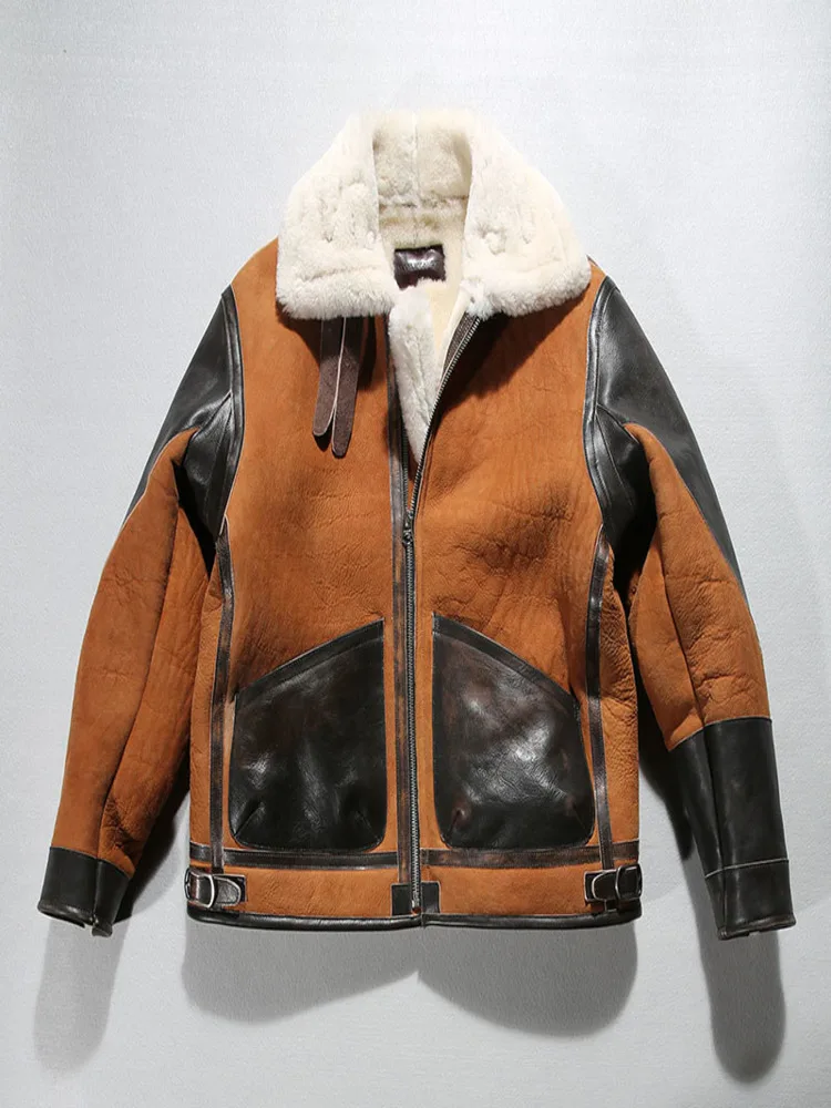 

TD1400 European Size High Quality Super Warm Genuine Sheep Leather Coat Mens Big B3 Shearling Bomber Military Fur Jacket