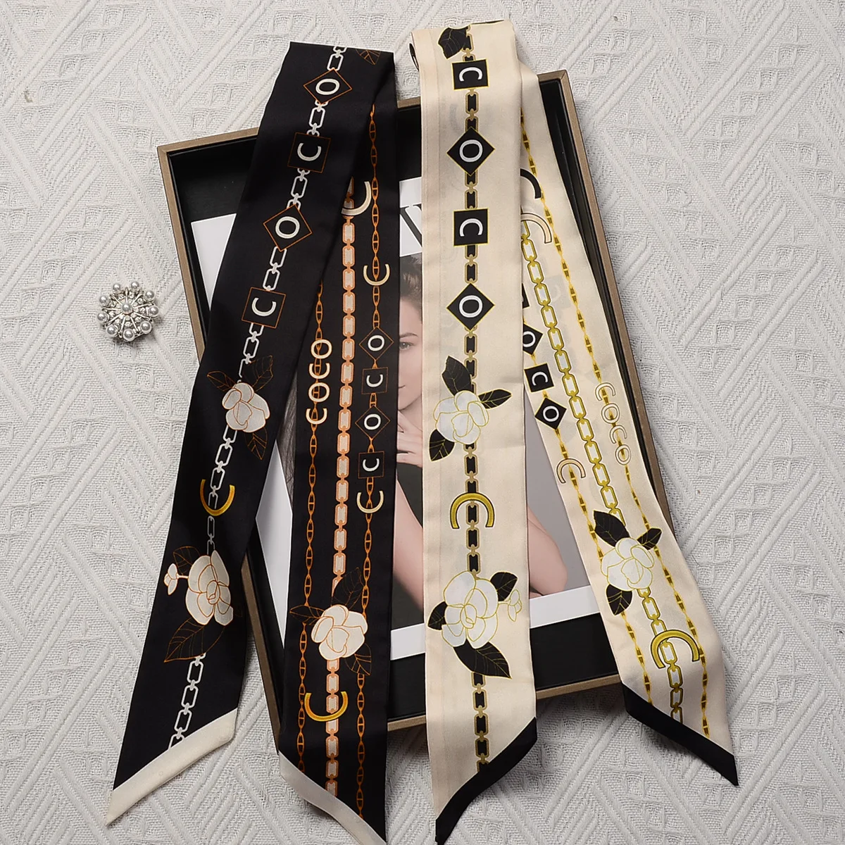 Silk Scarf Women's French Retro Silk Scarf Headband Spring 100% Mulberry Silk Tie Bag Streamer Long Silk Scarf