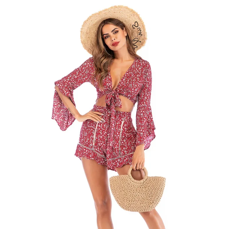 2025 Summer Chiffon Beach 2 Piece Sets Woman Long Flare Sleeve V-Neck Floral Print Bandage Short Blouse Top Shorts Two Piece Set
