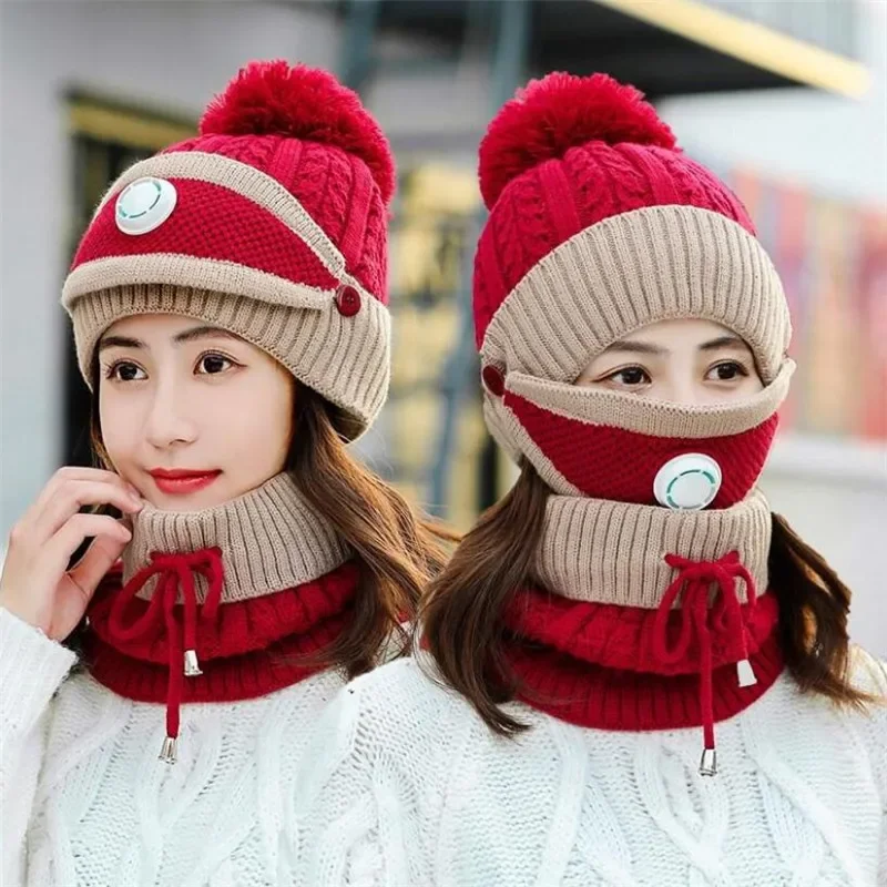 New 3 Pieces Set Women's Knitted Hat Scarf Caps Neck Warmer Winter Hat for Ladies Girls Skullies Beanies Warm Fleece Caps