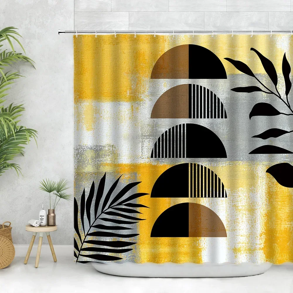 Mid Century Abstract Shower Curtain Set Boho Geometric Modern Minimalist Neutral Home Bathroom Bathtub Curtain Decor Fabric Hook