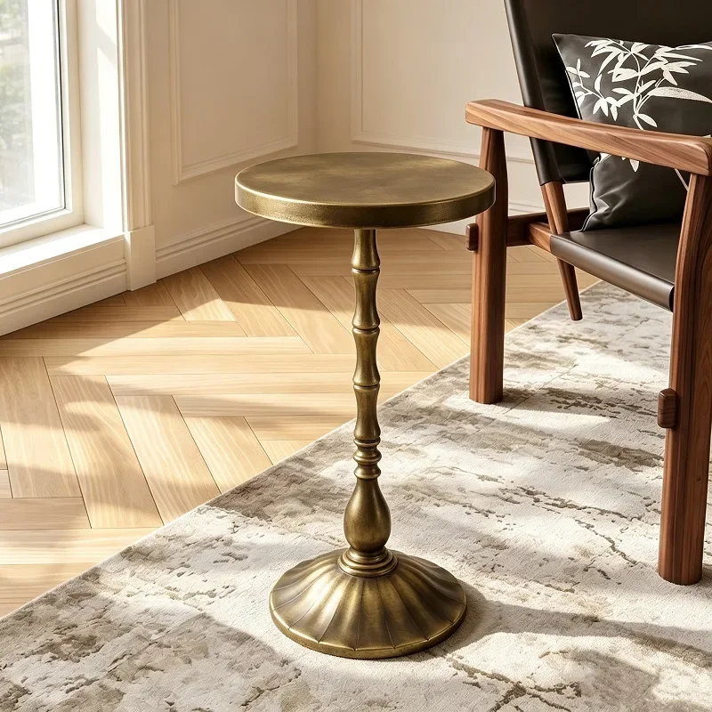 DSA American retro copper high edge metal column sofa small round table home entrance decoration floor small coffee table
