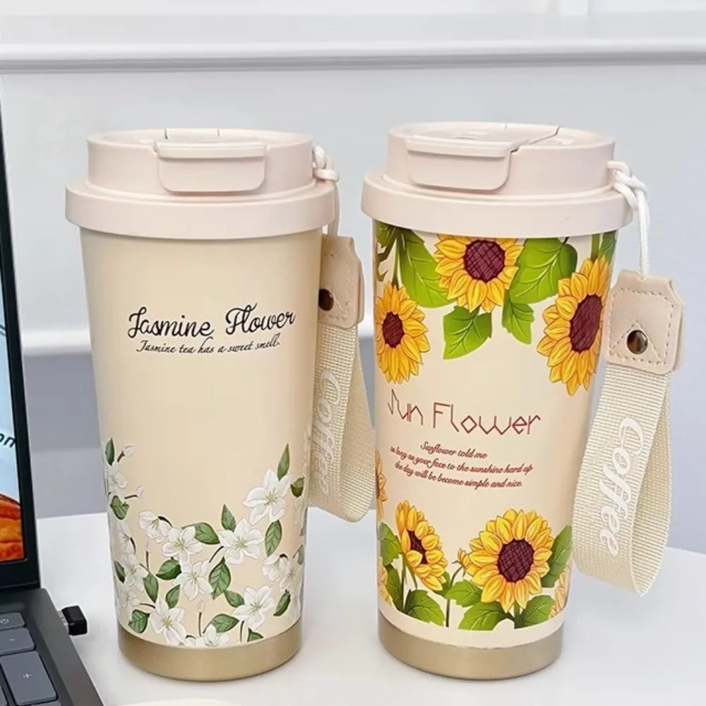 

Stainless Steel Flower Thermos Mug Leak-Proof 500ml Capacity Coffee Insulated Cup with Straw Insulated Water Bottle Office Use