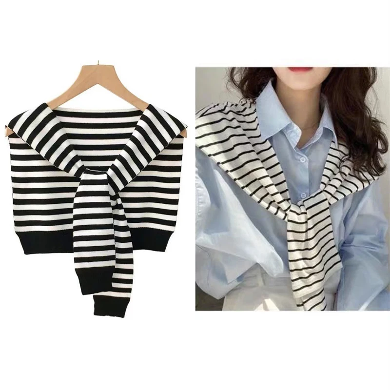 Korean Striped Knitted Shawl Spring Autumn Women Blouse Shoulders Fake Collar Cape Knotted Scarf Small Shawl