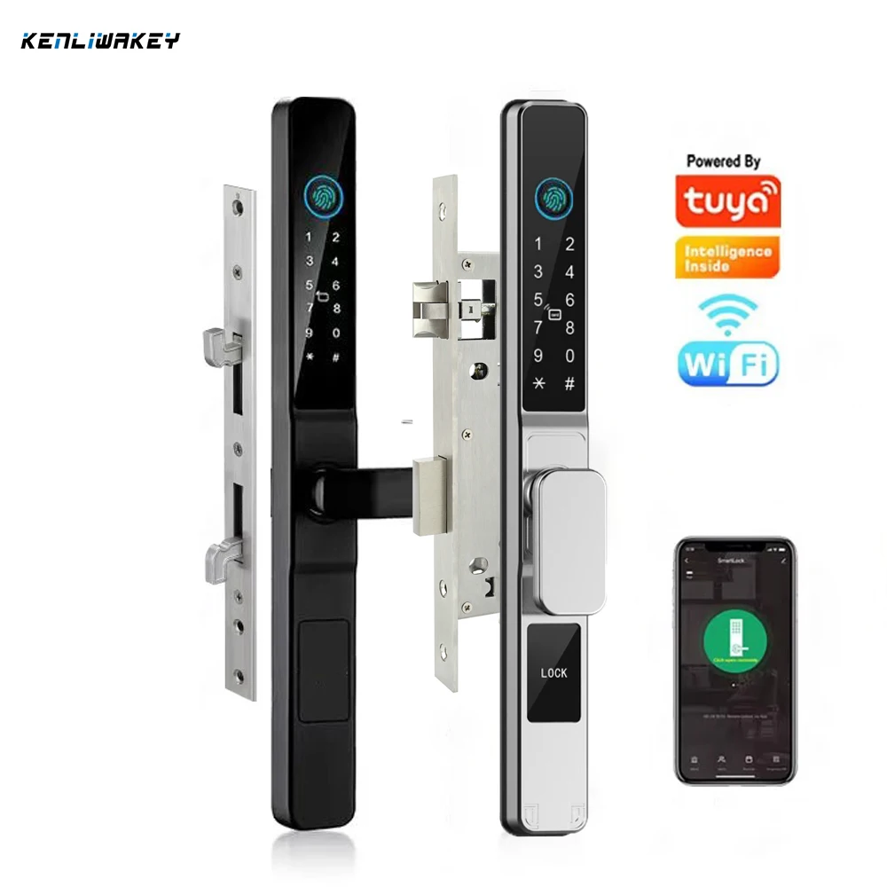 Tuya WiFi Smart Aluminum Door Lock Waterproof Fingerprint APP Password RFID Card Digital Electronic Glass Sliding Door Lock