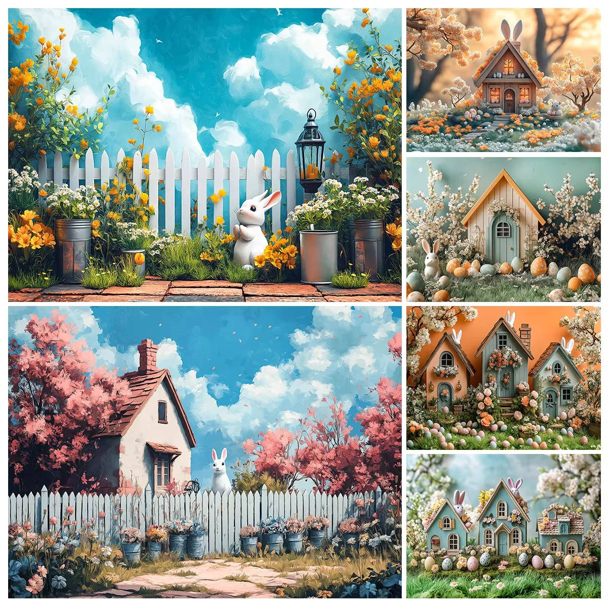 

Spring Easter Garden Floral Photography Background Rabbit Eggs Curtain Decor Kids Birthday Cake Smash Backdrop Photo Studio Prop