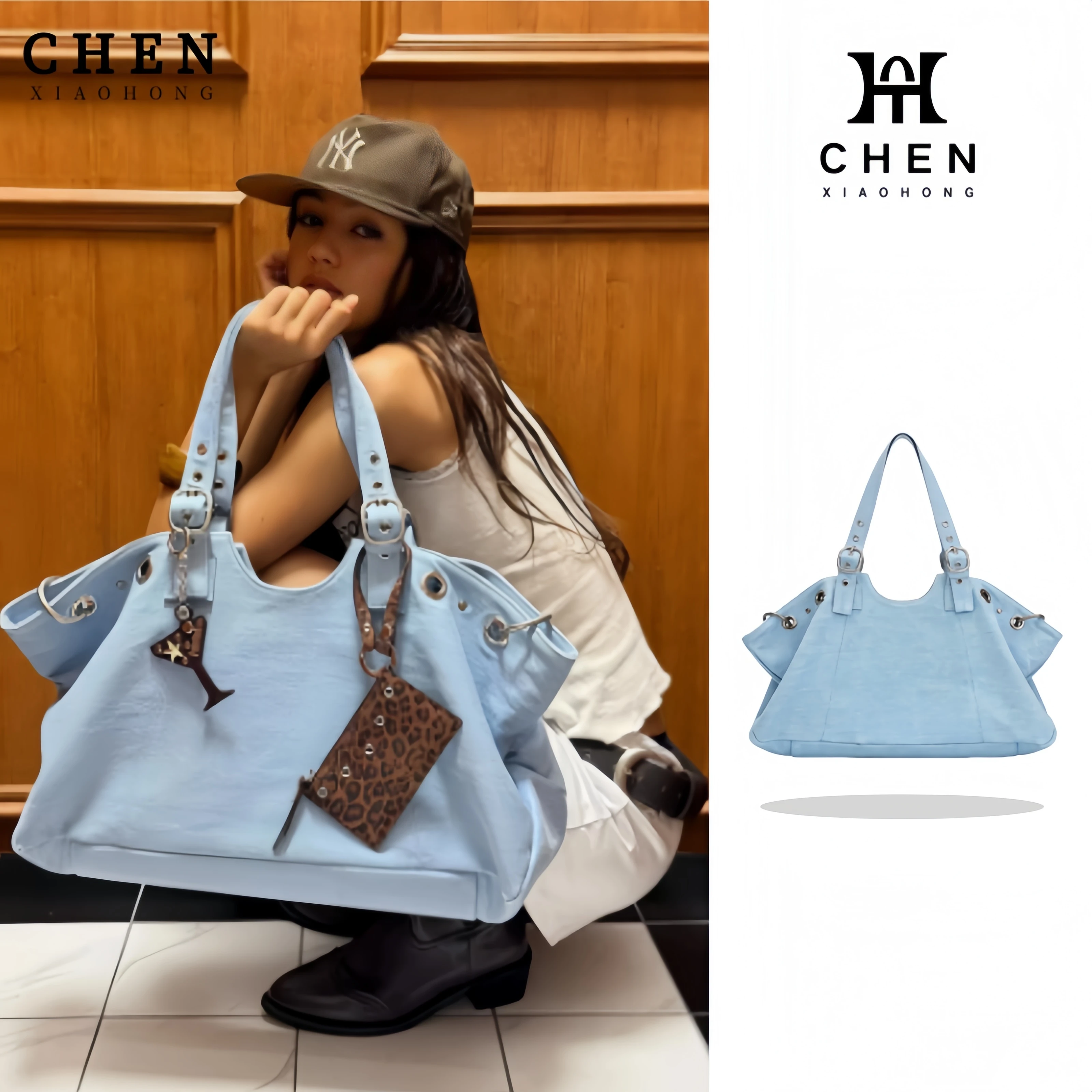 

Сумка-тоут из искусственной кожи светло-голубого цвета, повседневная, минималистичная, весна 2026, с металлической пряжкой и шнурком, большая вместимость, для покупок на каждый день