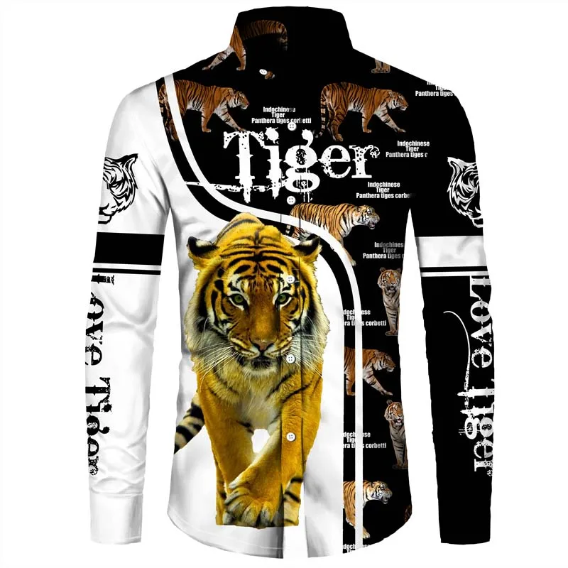 Camisa de manga larga con estampado de tigre para hombre, Top de manga larga con estampado de León en 3D, ropa de calle informal para exteriores,