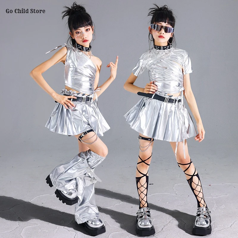 Girls K-pop Silver Crop Top Shiny Street Dance Skirts Kids Hip Hop Jazz Clothes Set Children Streetwear Girl Group Stage Costume