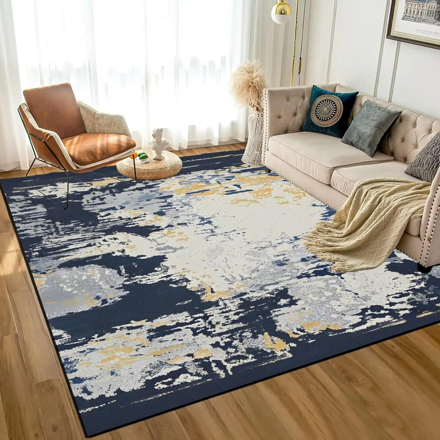Modern Blue Gold Abstract Area Rug for Living Room and Bedroom, Soft Navy Blue and White Carpets for Girls Boys, Contemporary