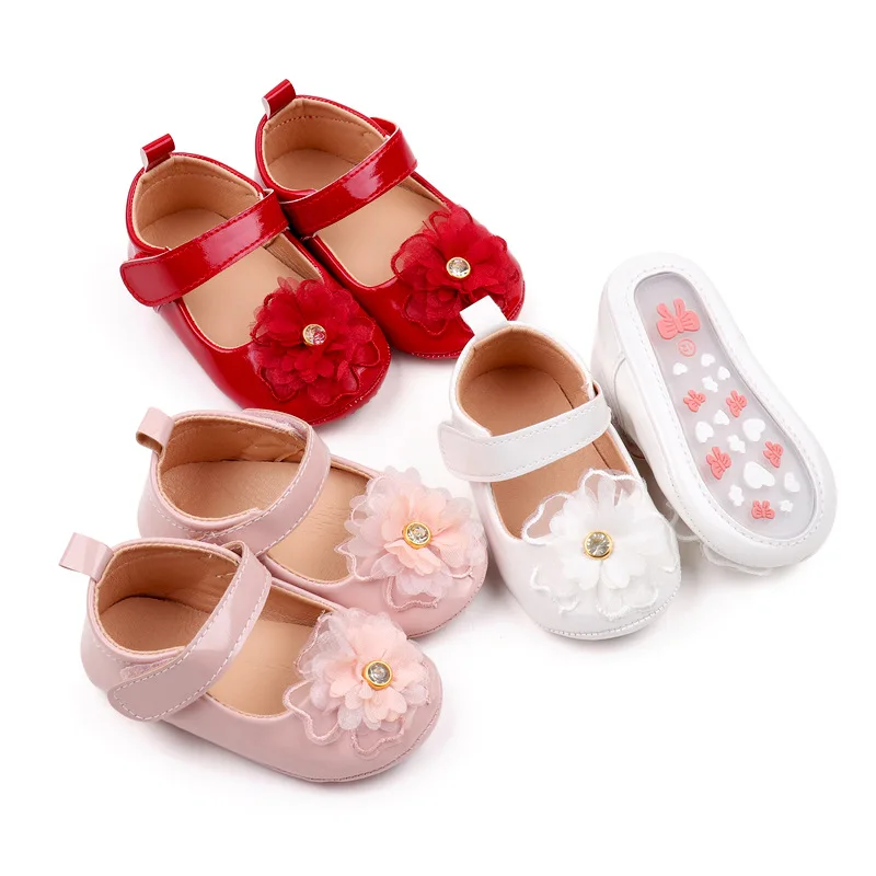 Baby Girls Rhinestone Flower Lace Princess Shoes Rubber Bottom Non-slip Flat Shallow Mouth Walking Shoes