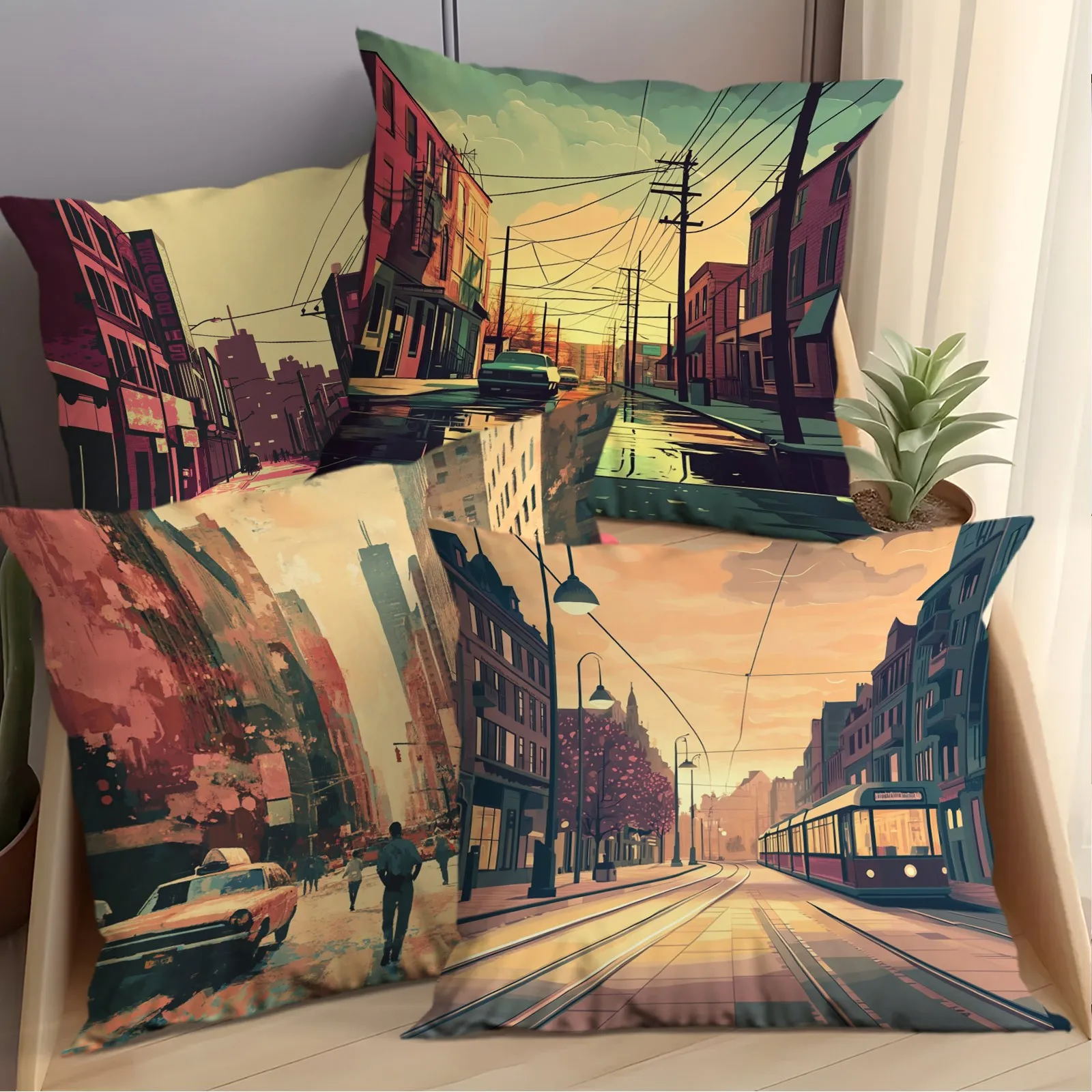 Urban street scene pattern digital printing pillow cover Short plush Suitable living rooms bedrooms sofas throw cushion cover